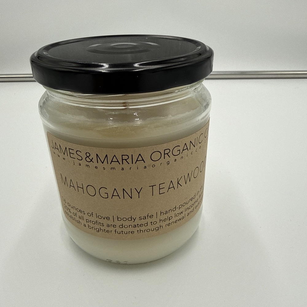 James & Maria Organic Co. Mahogany Teakwood candle.